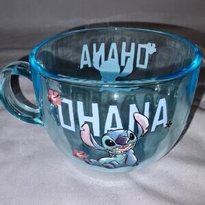 Disney's LILO & STITCH OHANA Blue Clear Glass Tea Cup Coffee Mug NEW
